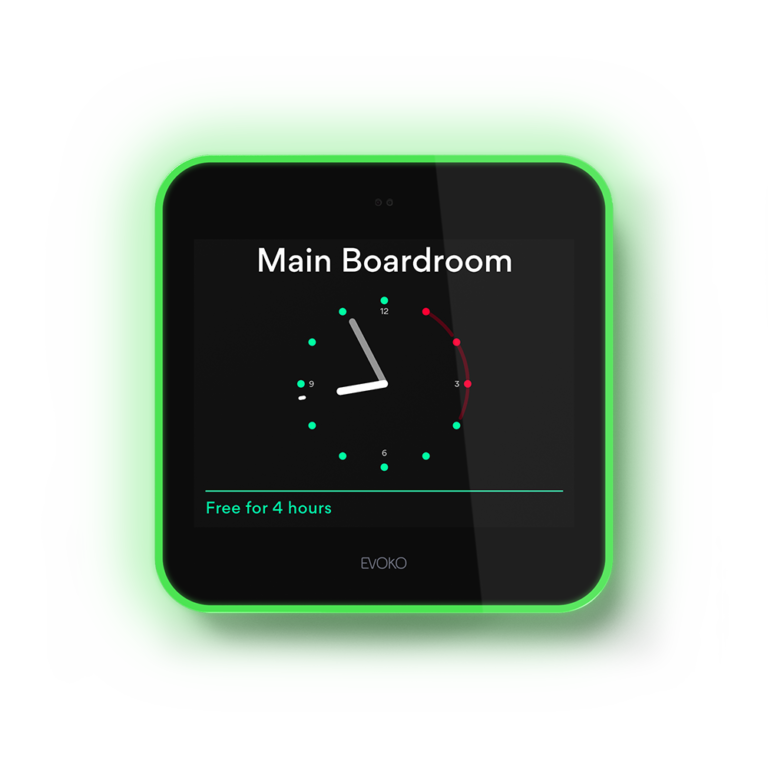 Evoko Liso room scheduling display with green availability indicator