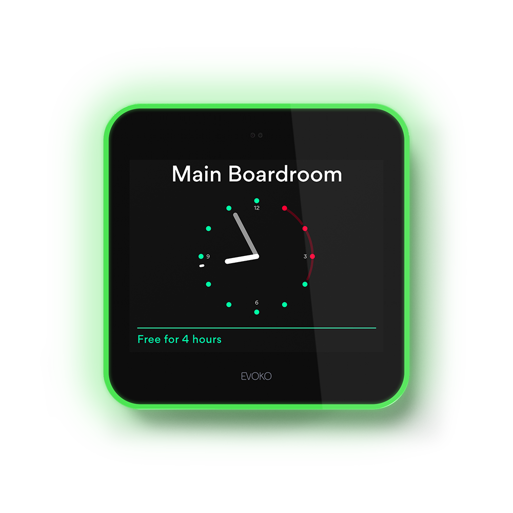 Evoko Liso room scheduling display with green availability indicator