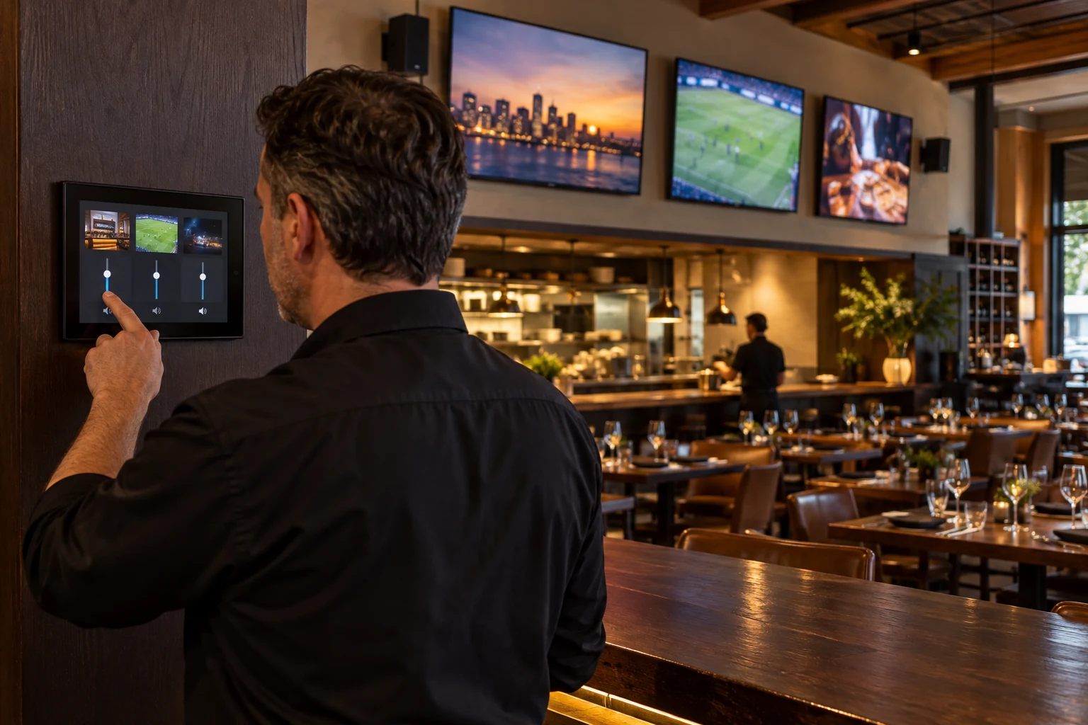 A staff control interface used to manage a commercial audiovisual space
