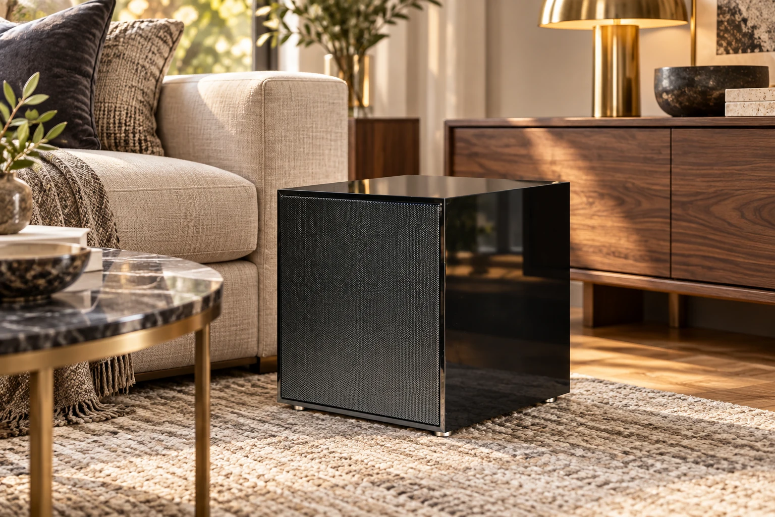 Reference-based application illustration of a compact James EMB10 subwoofer beside luxury seating