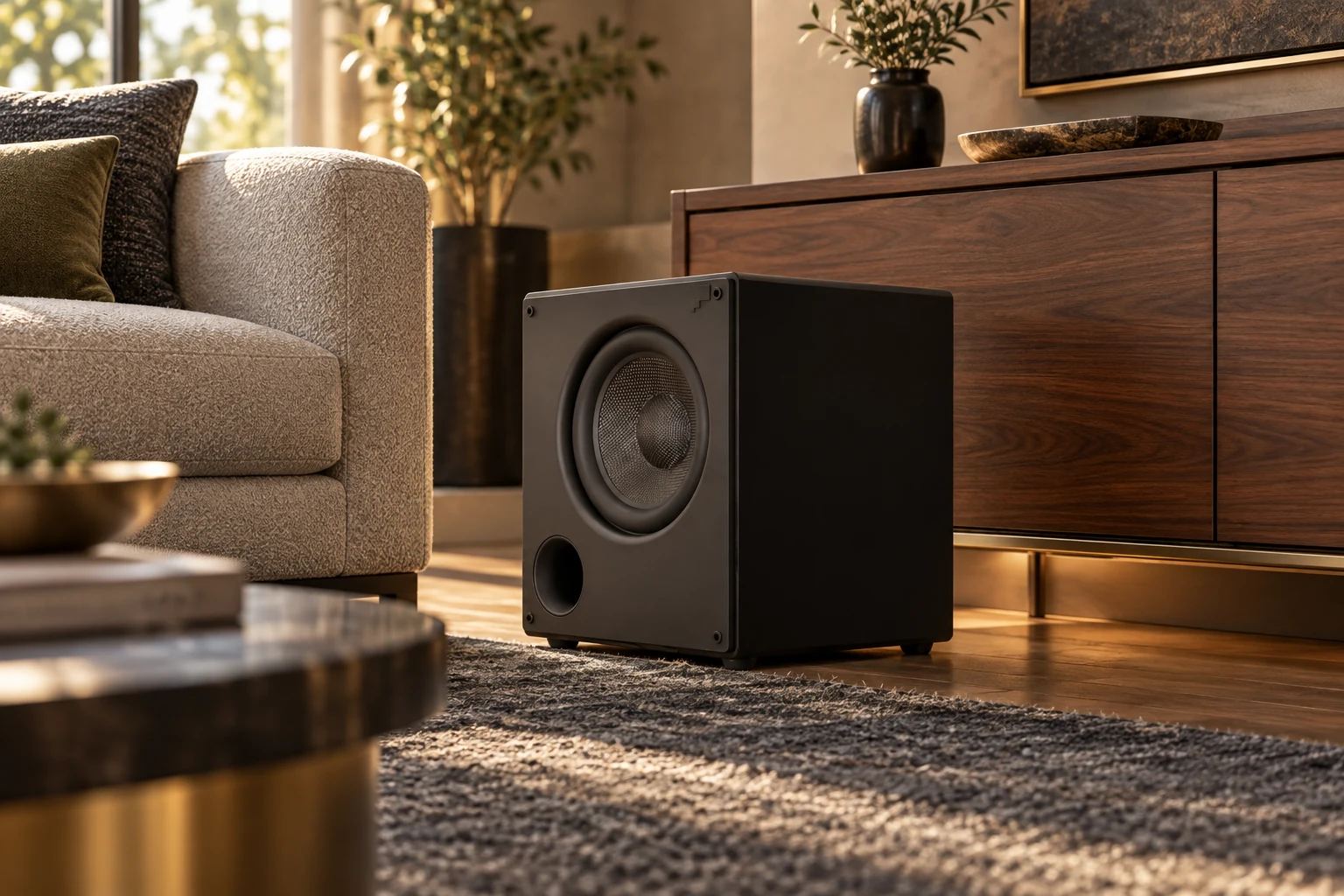 Reference-based application illustration of a compact Sonance Impact I10 in a luxury media room