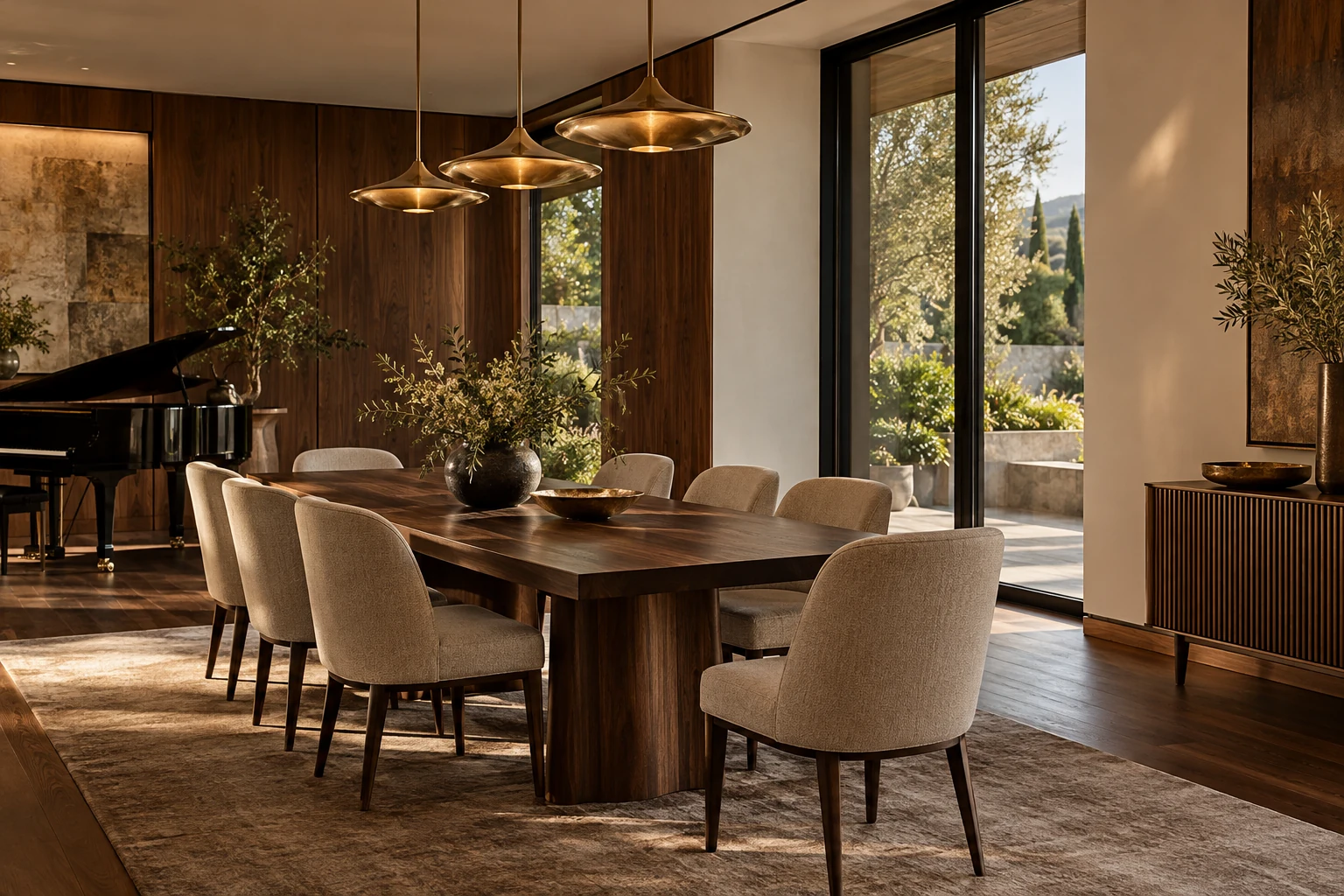 Luxury dining room application illustrating uninterrupted finished surfaces for invisible speakers