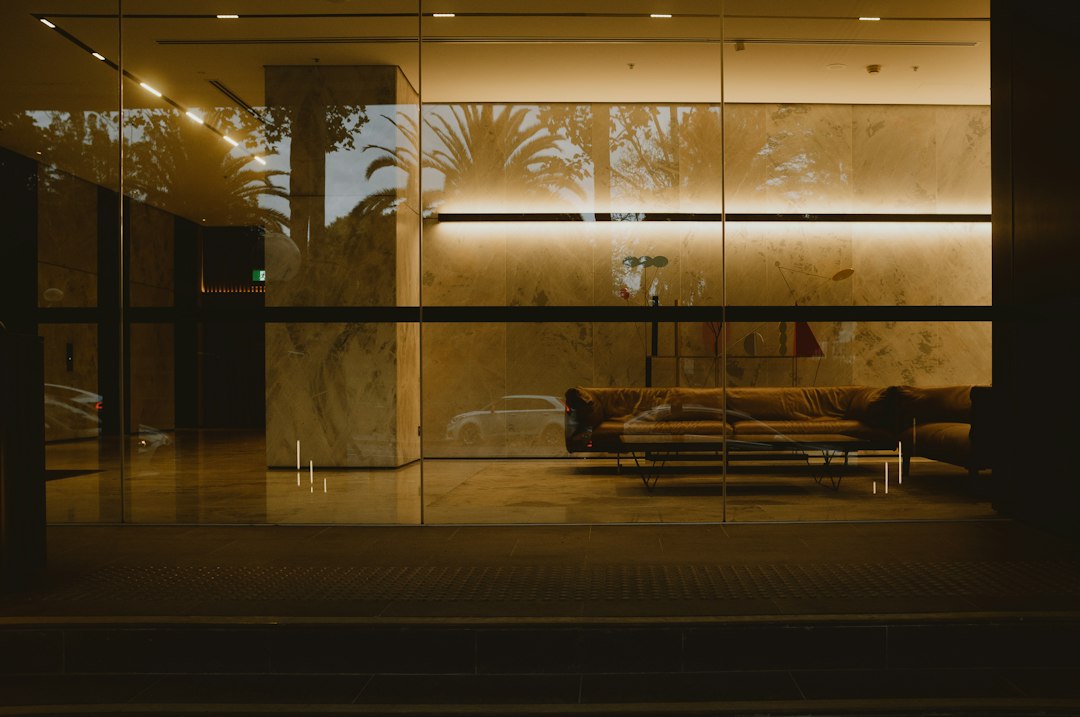 Refined commercial architectural interior illuminated at night