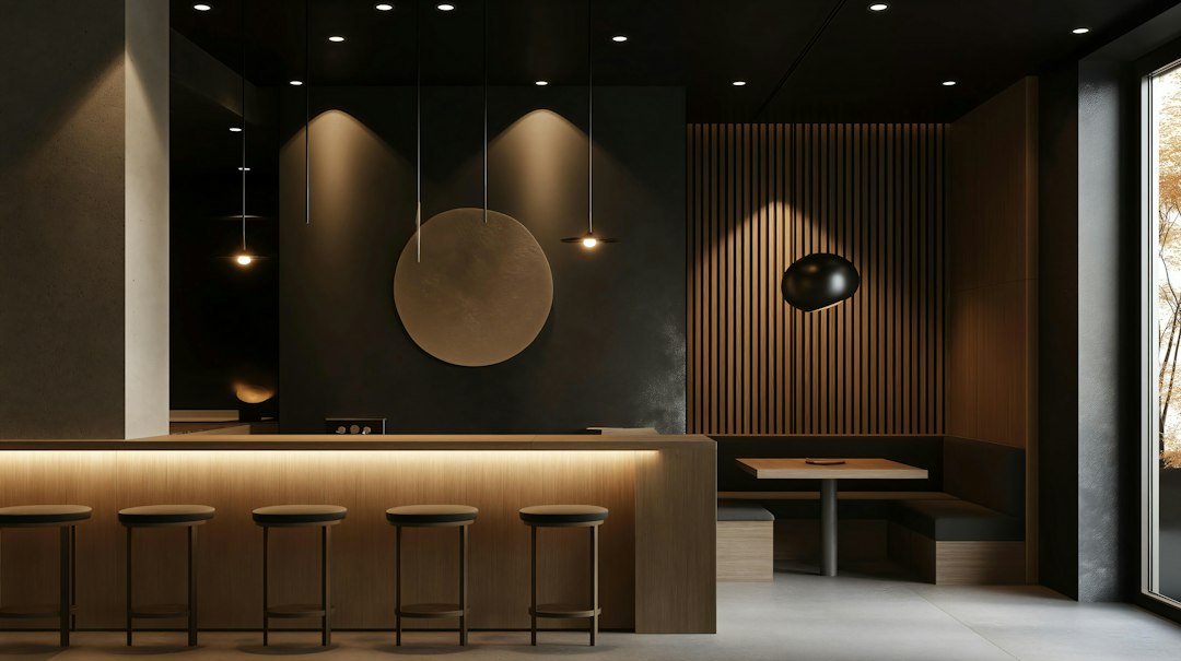 Warmly illuminated refined bar and restaurant interior