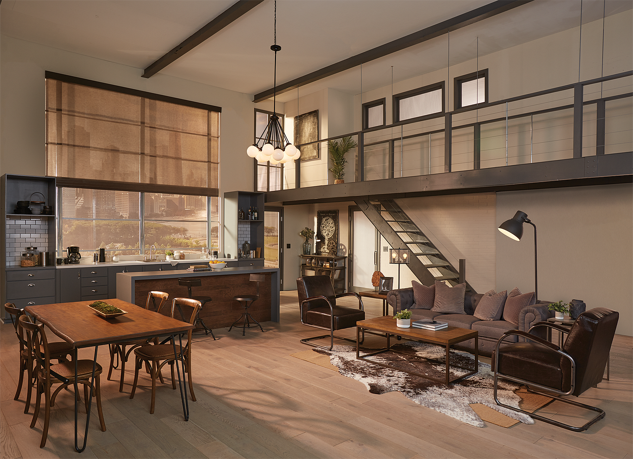 Warm modern loft with mezzanine staircase, integrated roller shades and refined architectural lighting